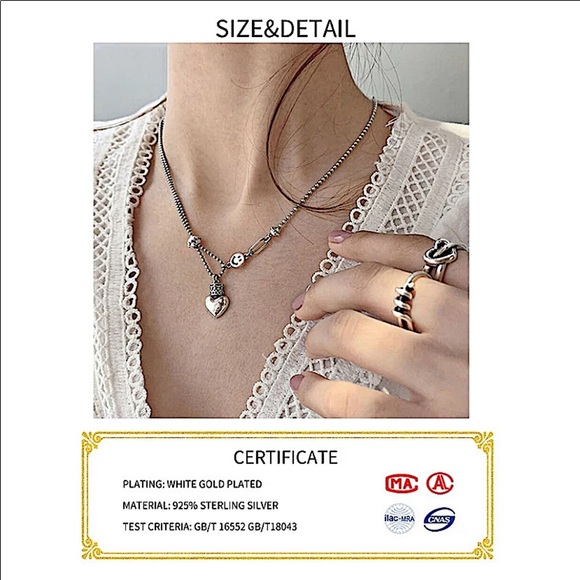 Sterling Silver Happy Face Heart Charm Charm Pendant Necklace - Picture 6 of 11